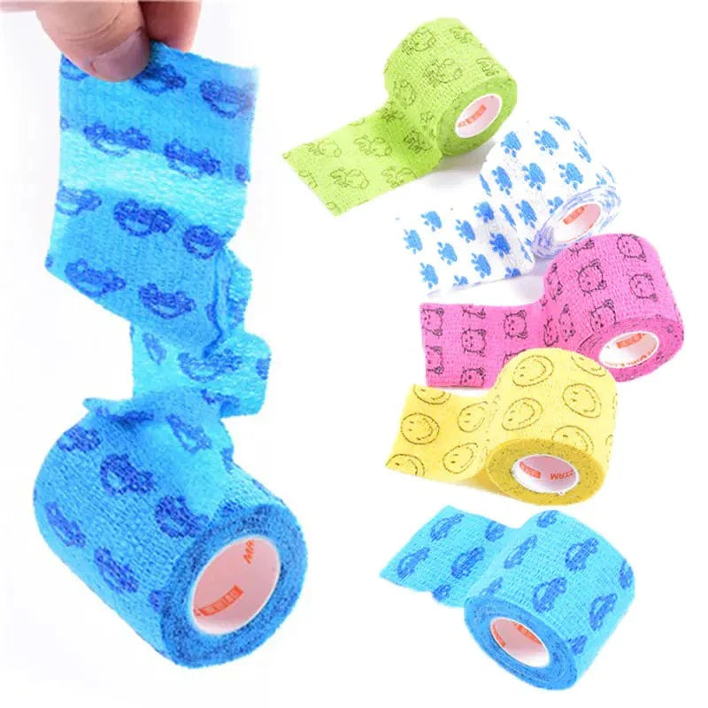 Colorful PetCare self-stick fabric bandage rolls with animal prints, flexible and breathable wrap for pet wound care