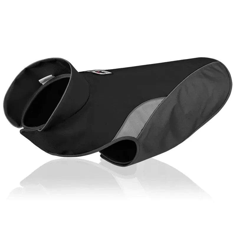 Black waterproof outdoor pet raincoat with insulated jacket design and reflective side panel