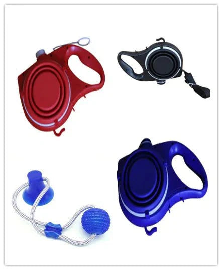 Travel dog leash kit with durable plastic retractable leashes in red, black, and blue, including a blue water bottle accessory for pet walking.