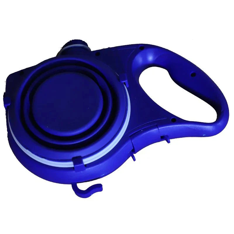 Blue lightweight plastic travel dog leash kit with ergonomic handle and built-in water bowl holder