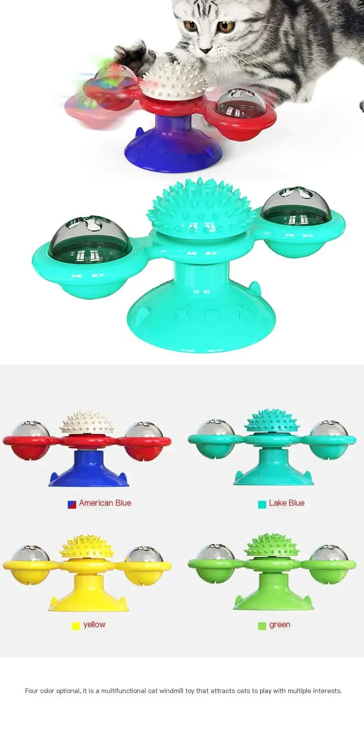 Twirling Cat Fun Toy interactive rotating cat toy with spring man design and lights in yellow, blue, green colors for entertaining cats