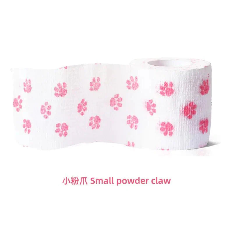 PetCare self-stick fabric bandage roll with pink paw prints, elastic and breathable for pet wound care and support