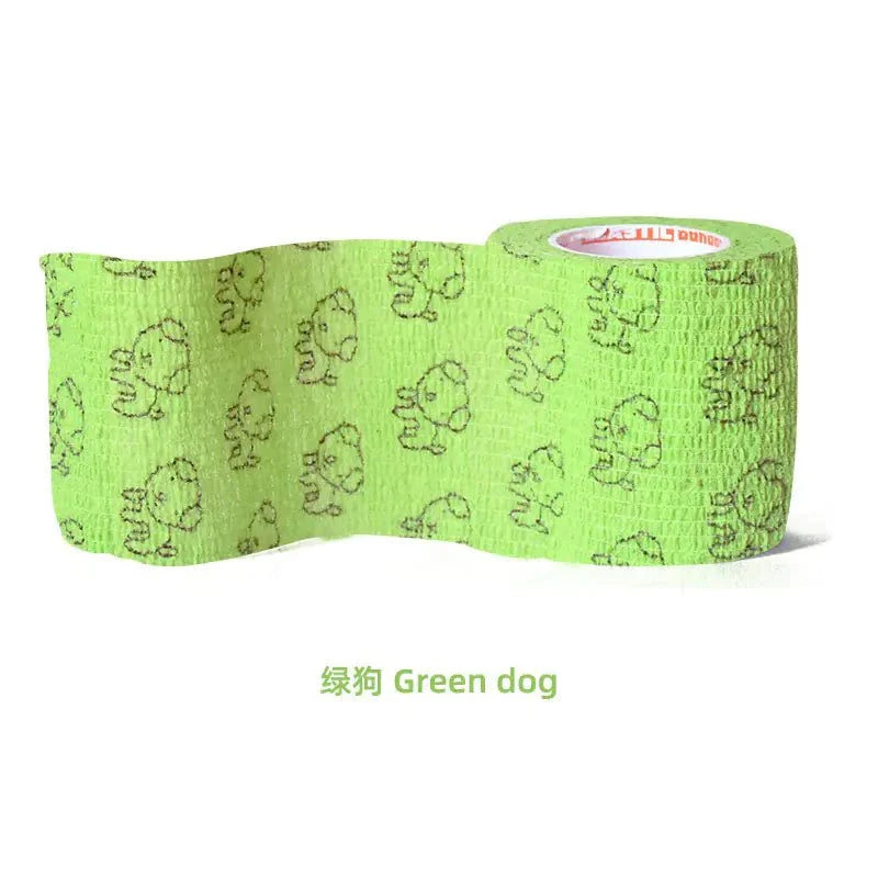 PetCare self-stick fabric bandage roll in green with dog prints, breathable and elastic pet adhesive wrap for wound care and support