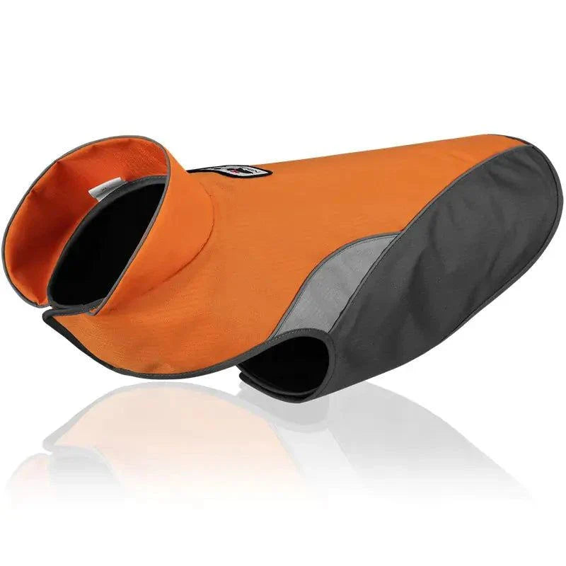 Orange waterproof outdoor pet raincoat and insulated jacket with reflective detailing, available in multiple sizes and colors
