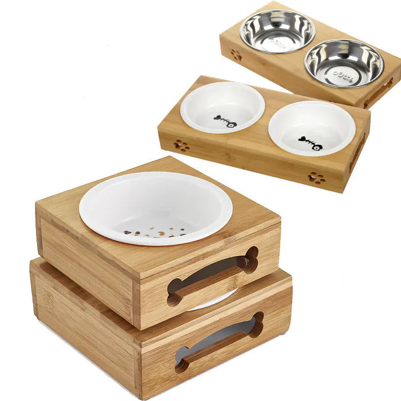 Elevated Double Pet Bowl Set – Ceramic or Stainless Steel with Sustainable Bamboo Stand