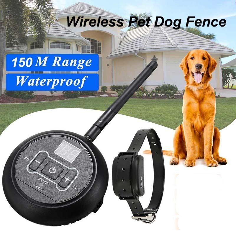 Wireless pet fence with collar, 150m range, waterproof, intelligent training system.