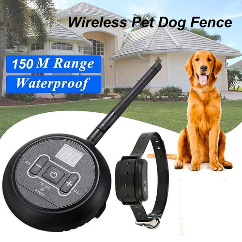 Wireless pet fence with collar, 150m range, waterproof, intelligent training system.