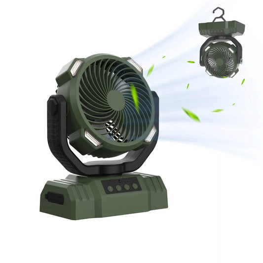 Multifunctional Camping Essentials Fan with LED light and power bank in army green.