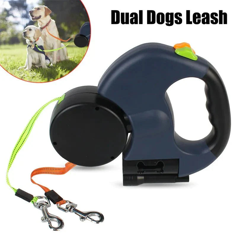 dual dog retractable leash with independent controls, LED light, anti-tangle design, and built-in poop bag dispenser for walking two dogs