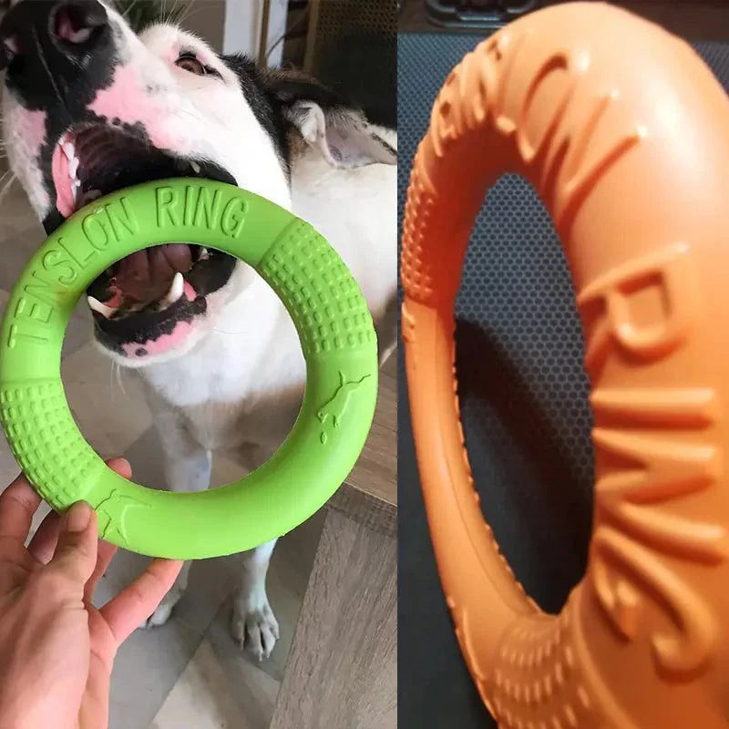 Green and orange EVA Pull Play Rings for dogs, durable chew toys for tug-of-war and exercise