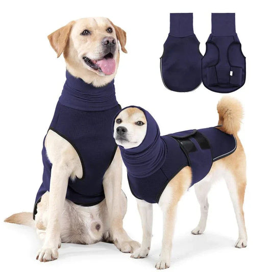 Two dogs wearing dark blue dog anti-anxiety soothing jackets with a unisex, comfortable polyester design for calming and stress relief