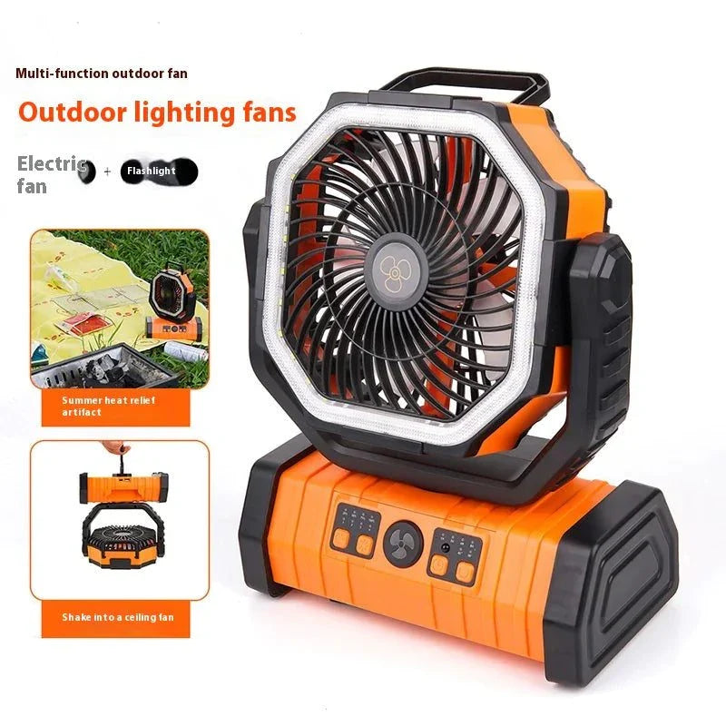 Camping essentials multifunctional fan with adjustable speeds, built-in LED light, and power bank in orange and black design