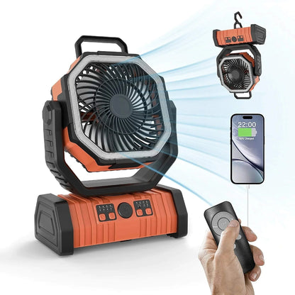 Camping Essentials Multifunctional Fan in orange with adjustable speeds, LED light, power bank charging a phone, and remote control for outdoor use