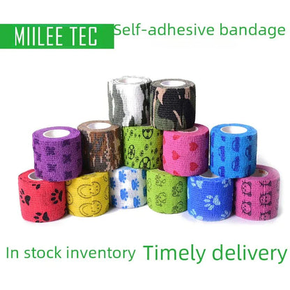 Colorful rolls of PetCare Self-Stick Fabric Bandage with various patterns for pet first aid use