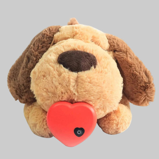 Heartbeat Box Pet Anxiety Sleep Toy in brown dog design with red heart-shaped heartbeat device for calming pets