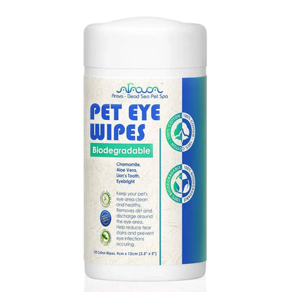 Biodegradable pet eye cleansing wipes container with chamomile and aloe for sensitive eyes, 100 count