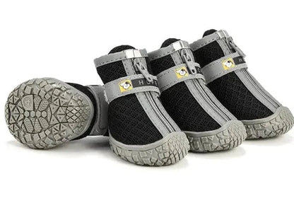 Set of black and gray lightweight pet shoes with anti-slip soles and secure straps for comfortable dog paw protection during outdoor activities
