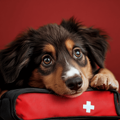 Adorable puppy resting on a red waterproof pet first aid kit with a white cross, ready for emergency care and travel safety.