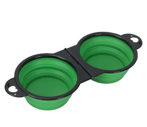 Green dual sided travel pet feeder foldable silicone portable bowl for food and water