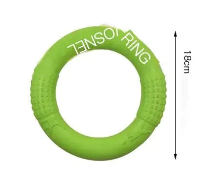 Green EVA Pull Play Ring for dogs, 18cm diameter, durable chew toy for small breeds