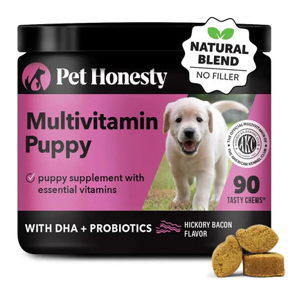 Pet Honesty Multivitamin Puppy Treats container with hickory bacon flavored soft chews for puppy growth and immune support