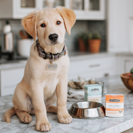 Golden retriever puppy sitting on kitchen counter next to dog food containers and a metal pet bowl, representing Pet Honesty Multivitamin Puppy Treats for puppy health and development.