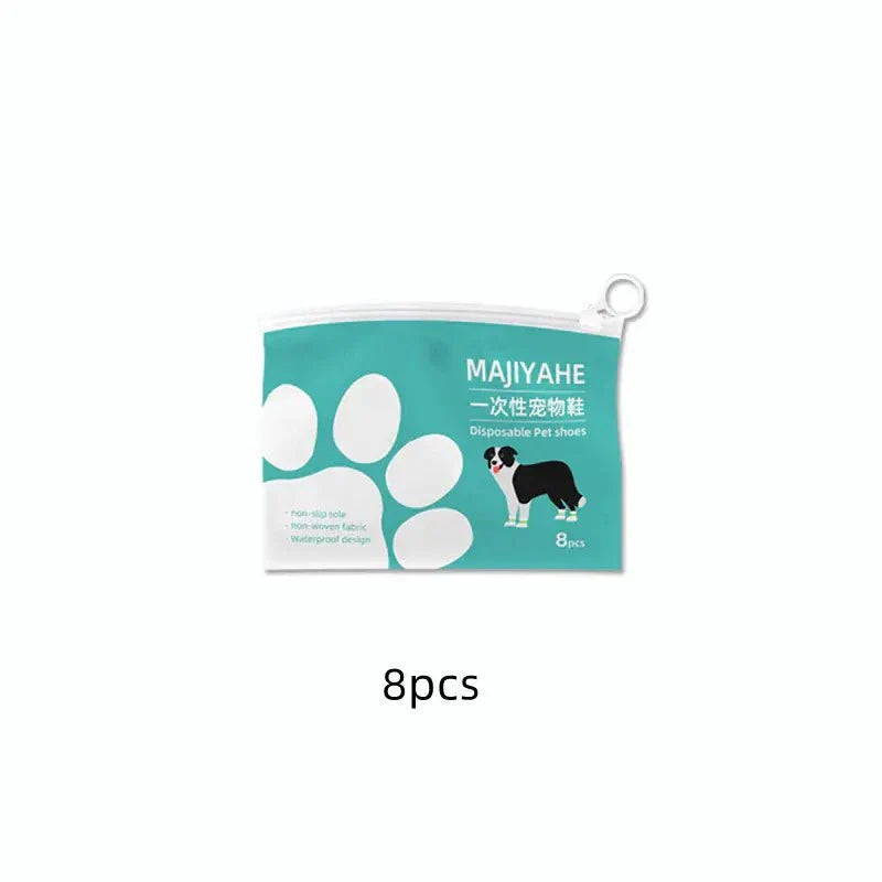 Waterproof disposable pet shoe covers in a teal pouch with paw print design, 8-pack for small to medium dogs