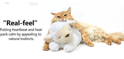 Cat cuddling with Heartbeat Box Pet Anxiety Sleep Toy sheep plush for calming and comfort