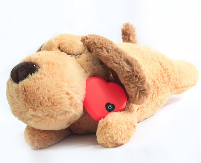 Heartbeat Box Pet Anxiety Sleep Toy plush dog holding red heart with realistic heartbeat sound for calming pets