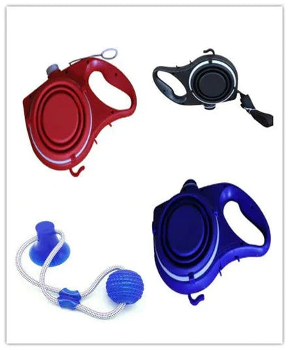 Travel dog leash kit with durable plastic retractable leashes in red, black, and blue, including a blue water bottle accessory for pet walking.