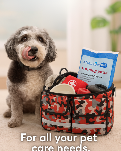 Red camo waterproof pet first aid kit bag packed with emergency pet care essentials next to a small dog indoors