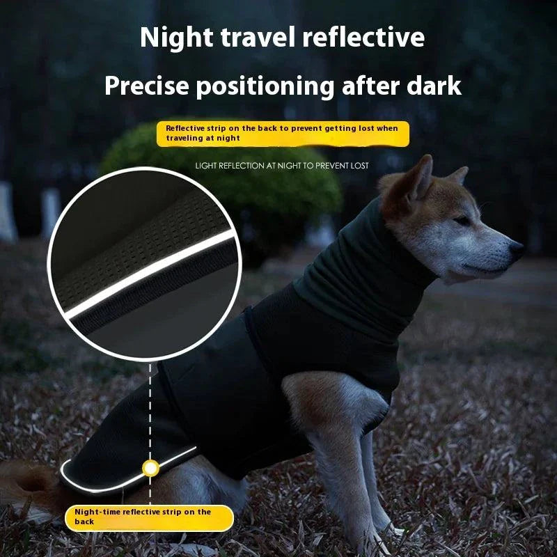 Dog wearing black reflective anti-anxiety soothing jacket with night travel reflective strip for safety and calming effects