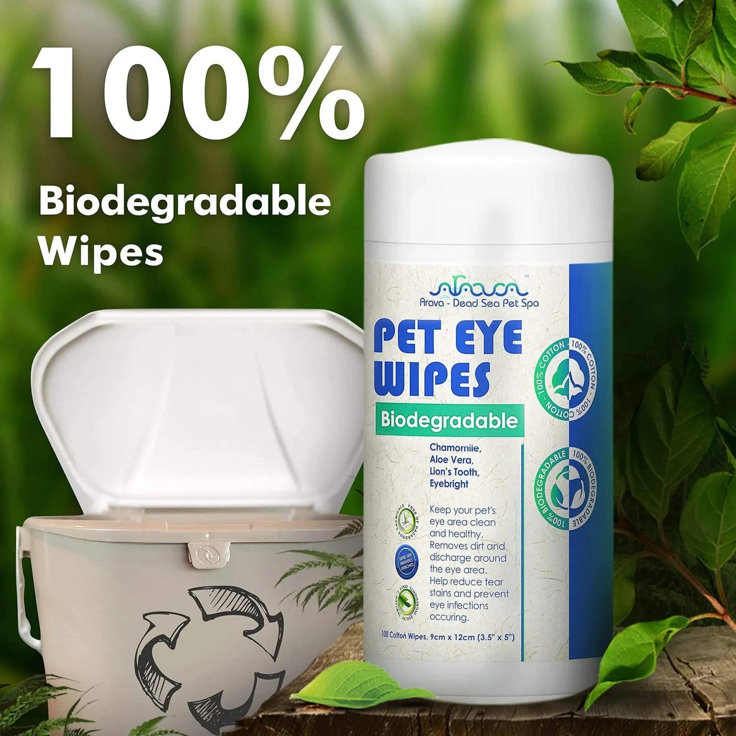 Biodegradable pet eye cleansing wipes container with open lid and eco-friendly recycle symbol on wooden surface.