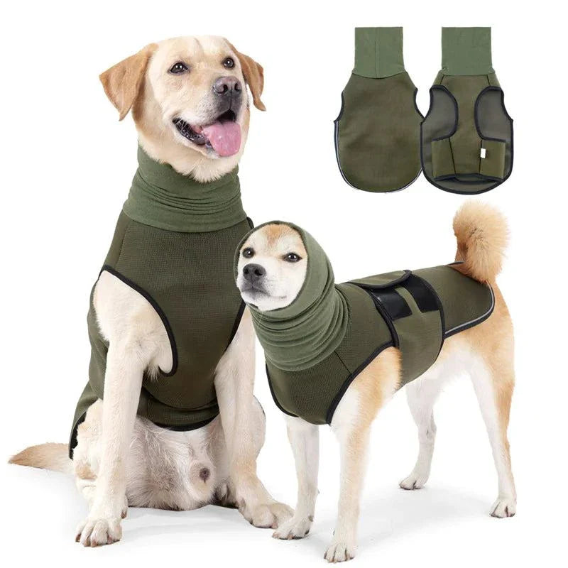 Dog wearing green anti-anxiety soothing jacket calming pet vest for stress relief and comfort