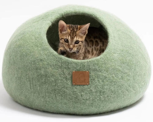 Extra Thick Felted Wool Cat Cave Bed Your Pet Will Love - Cozy and Warm Hideaway for Sleeping & Relaxing - Large and Small Pets - 100% Organic Durable Long-Lasting Comfort (Eucalyptus Green Large)