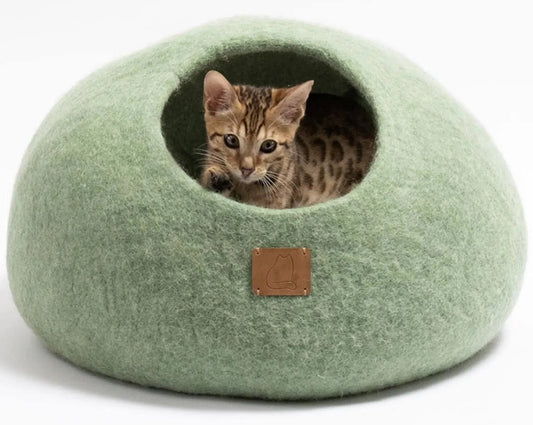 Extra Thick Felted Wool Cat Cave Bed Your Pet Will Love - Cozy and Warm Hideaway for Sleeping & Relaxing - Large and Small Pets - 100% Organic Durable Long-Lasting Comfort (Eucalyptus Green Large)