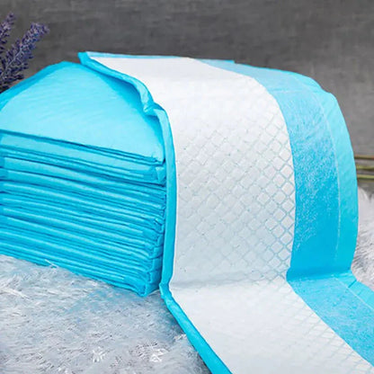 Stack of blue and white PetCare Absorbent Puppy Training Pads with quilted surface on textured floor for pet potty training and incontinence protection