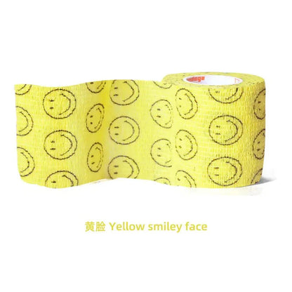 Yellow PetCare self-stick fabric bandage with smiley face pattern, flexible and breathable wrap for pet wound care and support