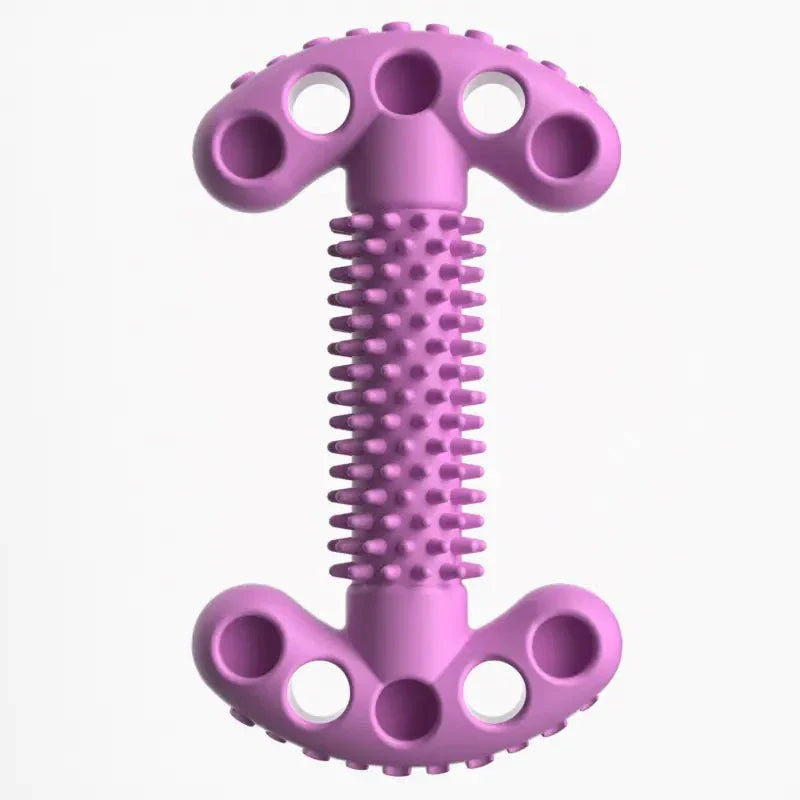 Purple dog chewing bone shape toy made of durable TPR material with textured surface for dental health and safe chewing