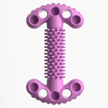 Purple dog chewing bone shape toy made of durable TPR material with textured surface for dental health and safe chewing