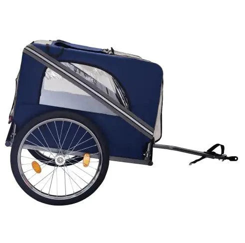 Dog bike trailer with mesh, three entrances, safety flag, 8 reflectors, and 20-inch wheels for medium and small-sized dogs.
