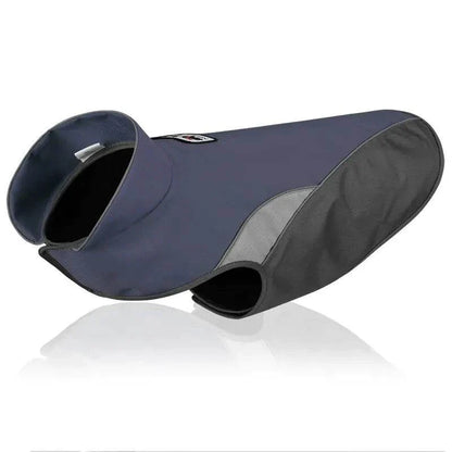 waterproof outdoor pet raincoat and insulated jacket in navy blue with reflective gray accents designed for all pet sizes