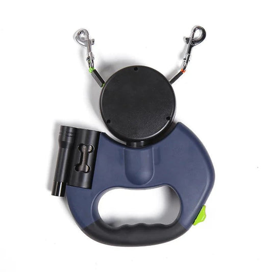 blue dual dog retractable leash with built-in LED light and poop bag dispenser, ergonomic handle, tangle-free design