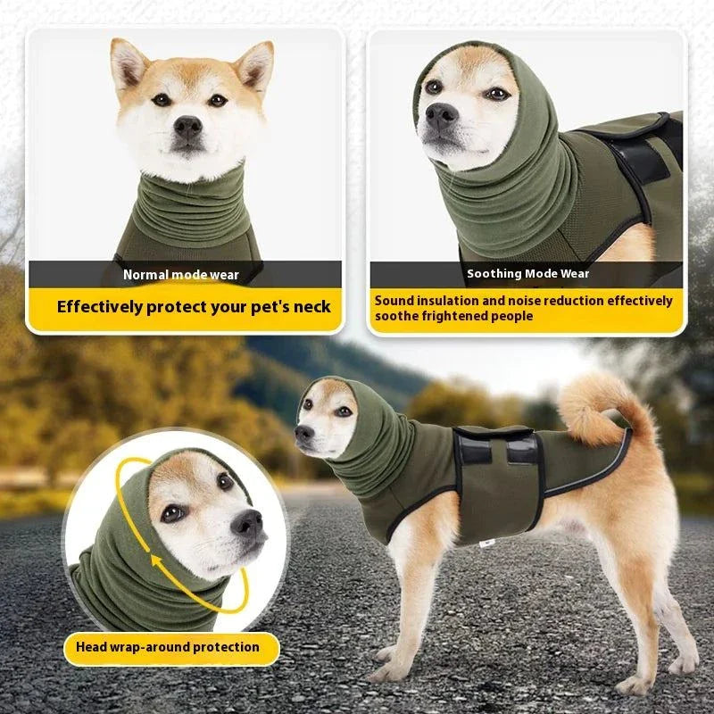 Dog wearing anti-anxiety soothing jacket in army green with neck and body coverage for calming and noise reduction