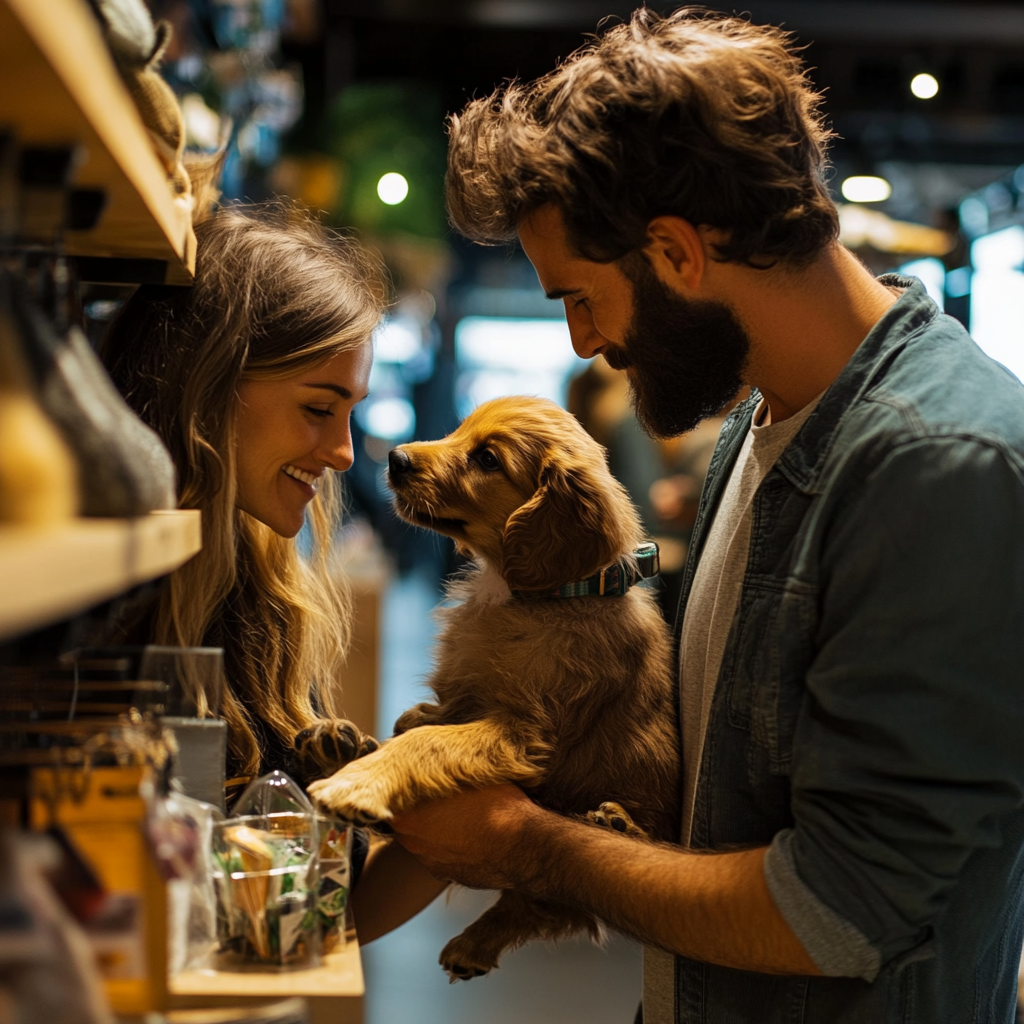 Couple enjoying time with puppy in pet store for new pet parent starter kit essentials