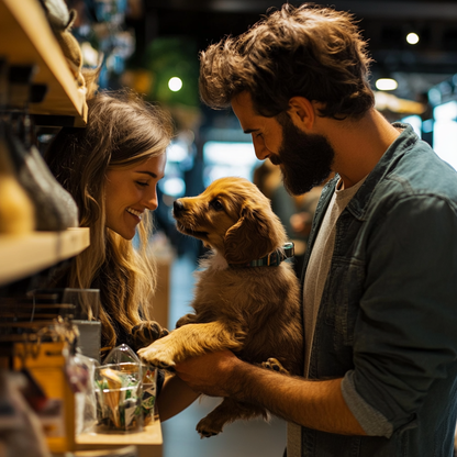 Couple enjoying time with puppy in pet store for new pet parent starter kit essentials