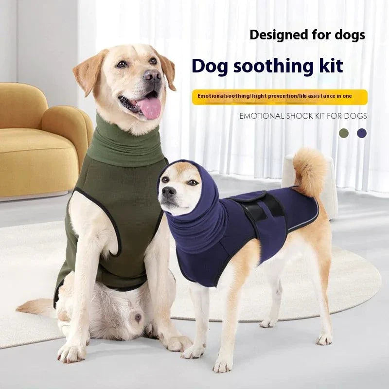 Two dogs wearing dog anti-anxiety soothing jackets in army green and dark blue indoors