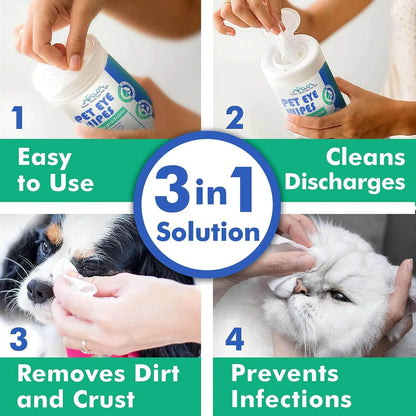 Pet eye cleansing wipes container and application on dog and cat eyes, gentle 3-in-1 solution for removing dirt, cleaning discharge, and preventing infections, easy to use.
