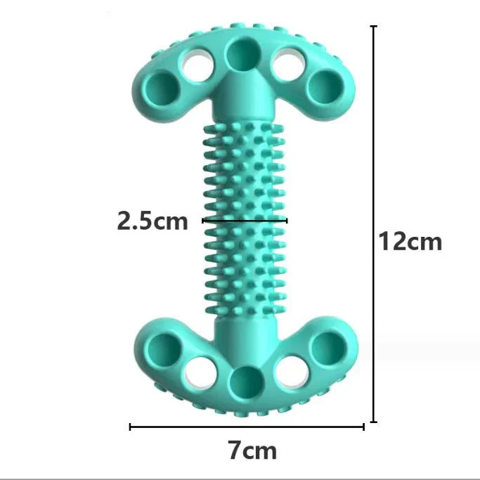 Blue TPR dog chewing bone shape toy with textured surface for dental health, measuring 12cm by 7cm by 2.5cm