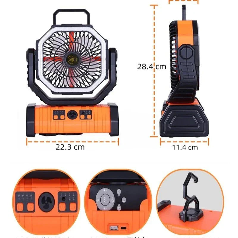 Camping Essentials Multifunctional Fan in orange with adjustable speeds, LED light, power bank, and foldable hook for outdoor use
